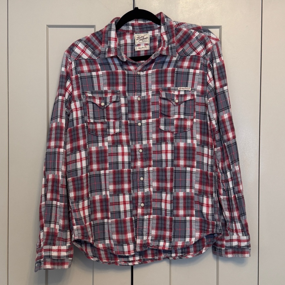 Lucky Brand Plaid Snap Button Shirt Men’s Medium | Red Grey Flannel